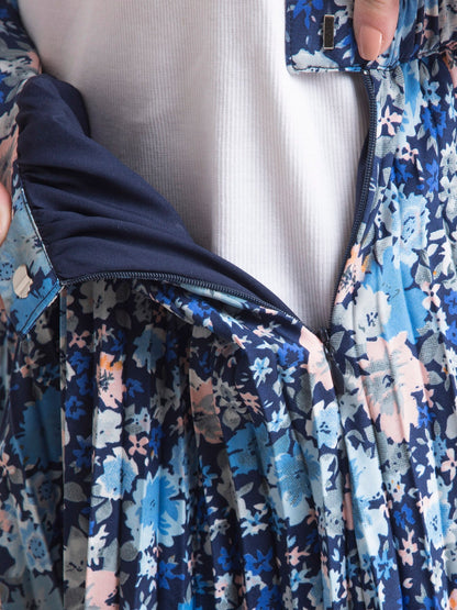 4 Way Stretch T Shirt and Pleated Floral Skirt Co-ord - White and Blue