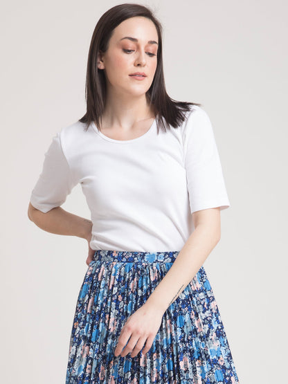 4 Way Stretch T Shirt and Pleated Floral Skirt Co-ord - White and Blue