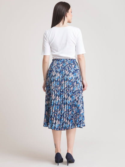 4 Way Stretch T Shirt and Pleated Floral Skirt Co-ord - White and Blue