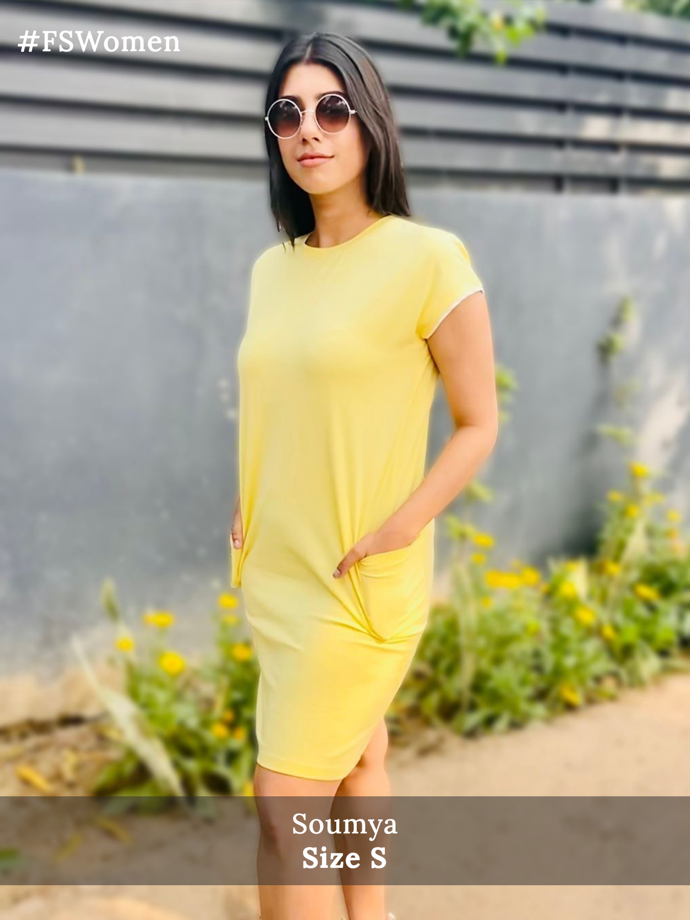 Cotton Round Neck Knitted Shift Dress - Yellow