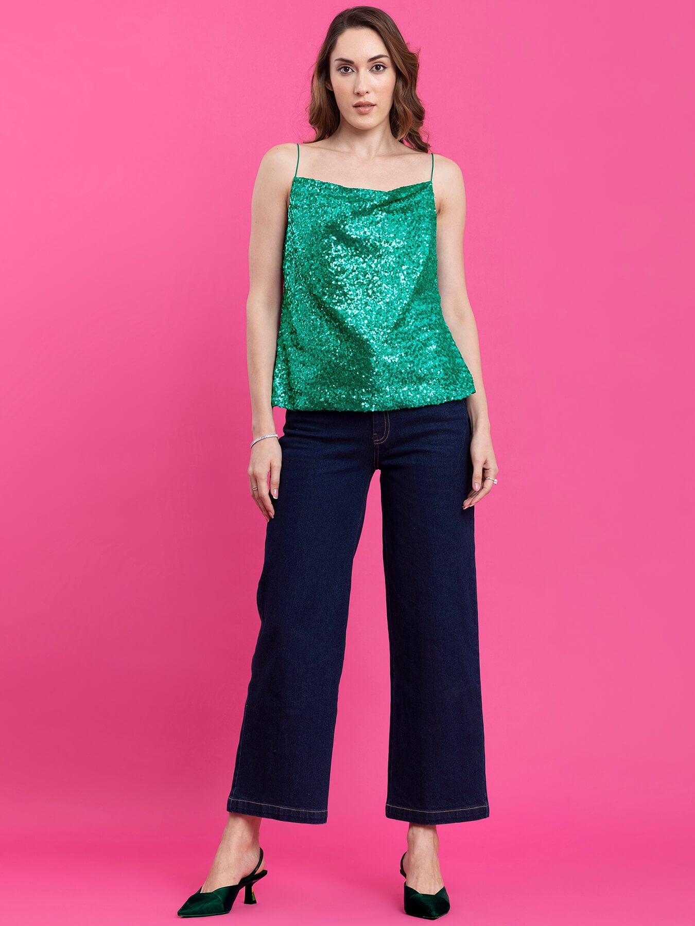 Sequin Cowl Neck Camisole - Green