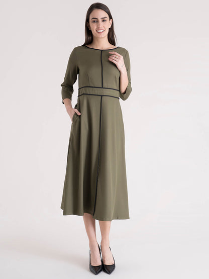 Colour Block Piping Detail A Line Dress - Olive