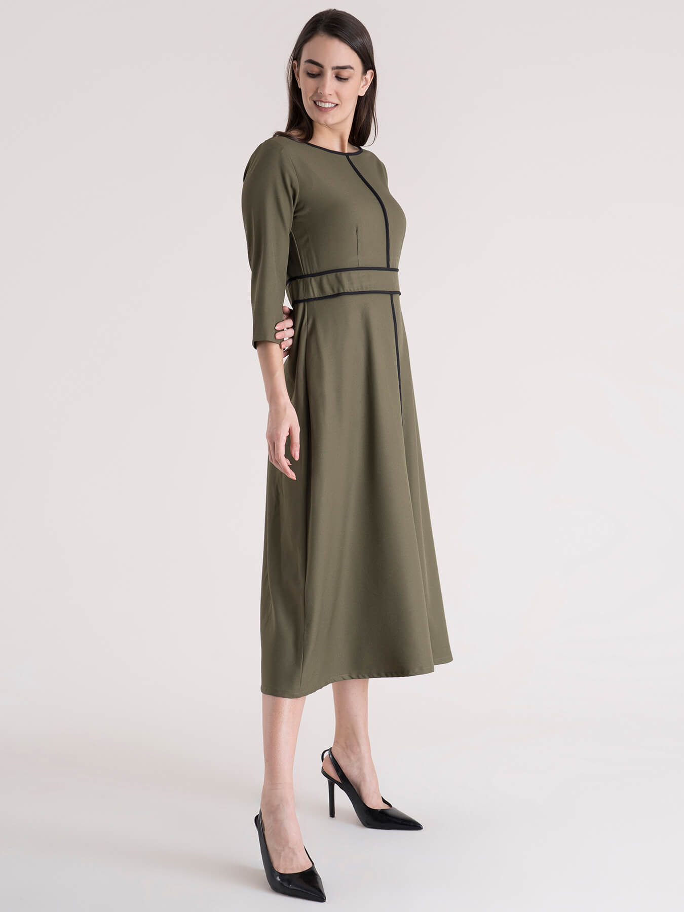Colour Block Piping Detail A Line Dress - Olive