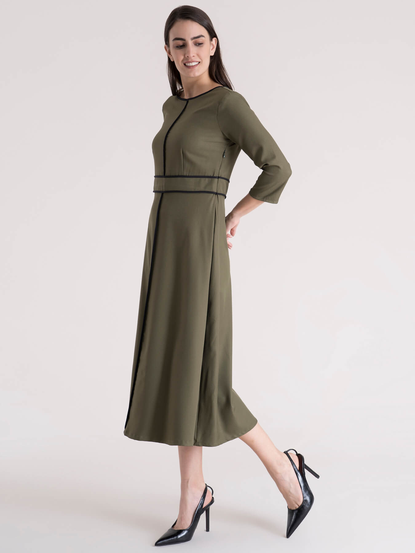 Colour Block Piping Detail A Line Dress - Olive