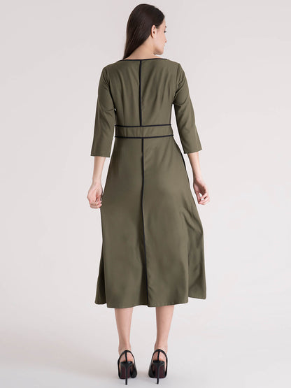 Colour Block Piping Detail A Line Dress - Olive