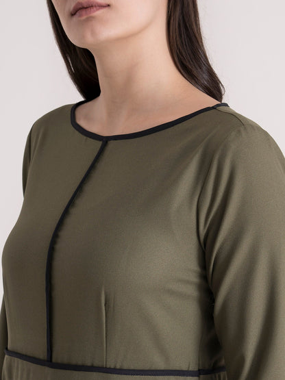 Colour Block Piping Detail A Line Dress - Olive
