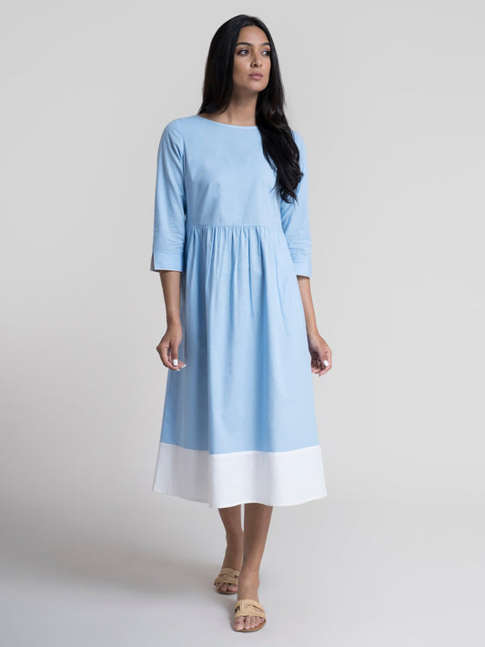 Cotton Boat Neck A-Line Dress - Blue and White