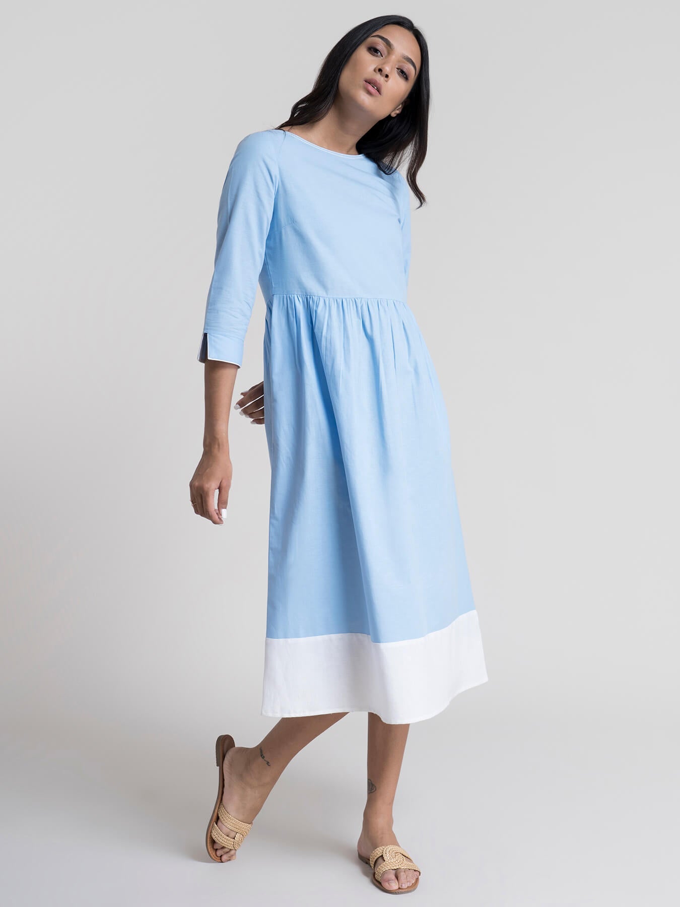 Cotton Boat Neck A-Line Dress - Blue and White
