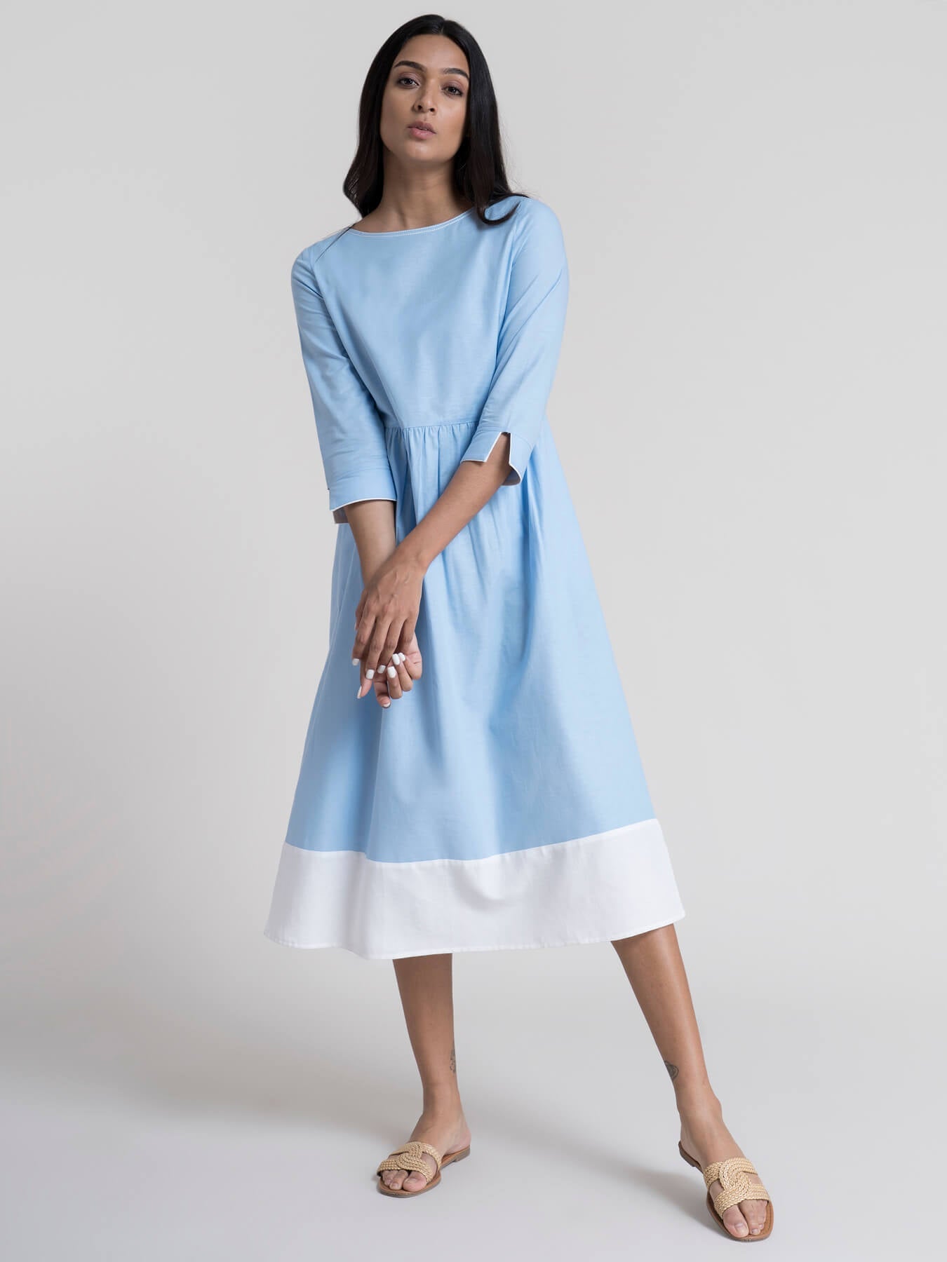 Cotton Boat Neck A-Line Dress - Blue and White