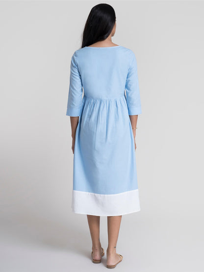 Cotton Boat Neck A-Line Dress - Blue and White