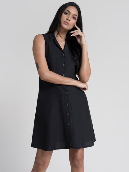 Cotton Buttoned Down A Line Dress - Black
