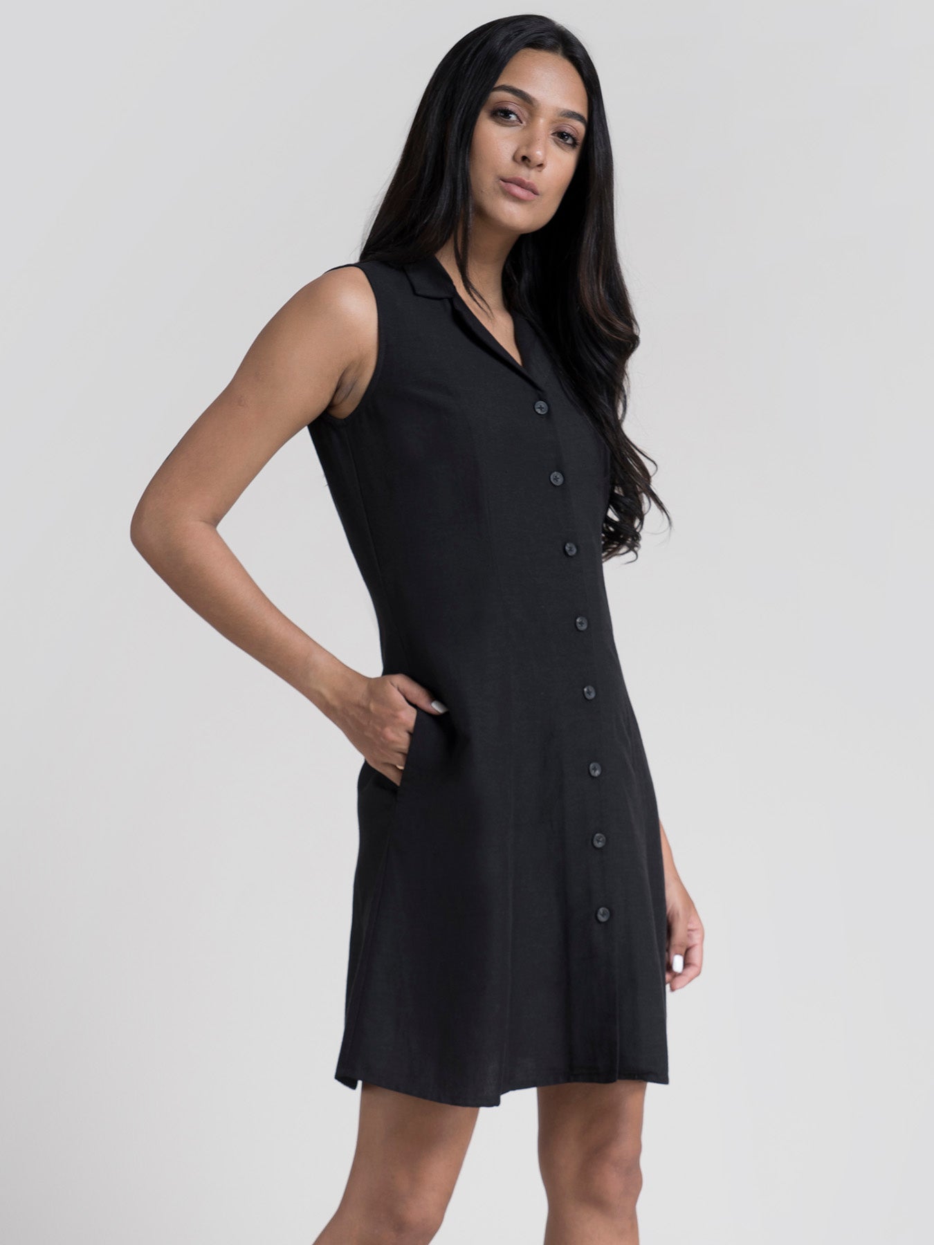Cotton Buttoned Down A Line Dress - Black