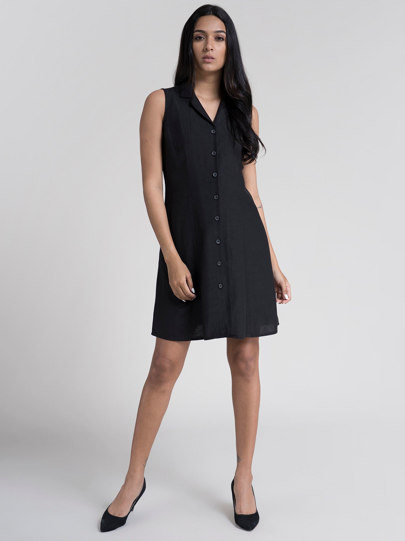 Cotton Buttoned Down A Line Dress - Black