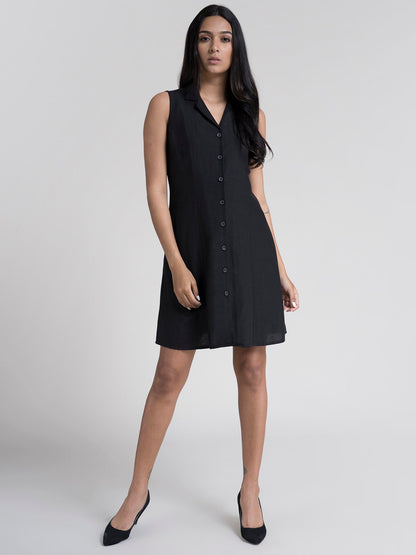 Cotton Buttoned Down A Line Dress - Black
