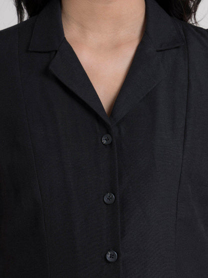 Cotton Buttoned Down A Line Dress - Black