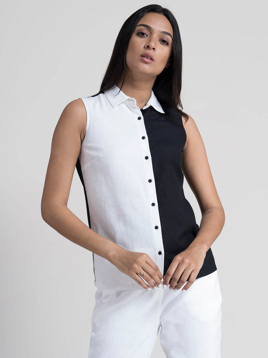 Cotton Colorblock Shirt - White and Black