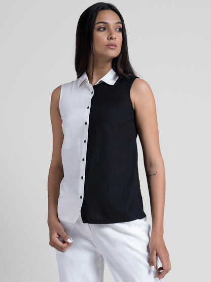 Cotton Colorblock Shirt - White and Black