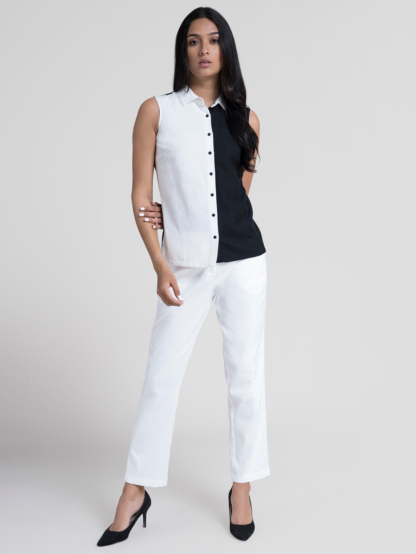 Cotton Colorblock Shirt - White and Black