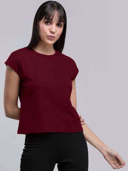 Cotton Drop Shoulder Knitted T Shirt - Maroon
