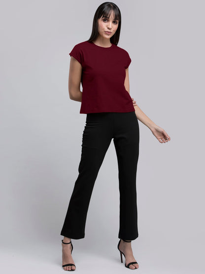 Cotton Drop Shoulder Knitted T Shirt - Maroon