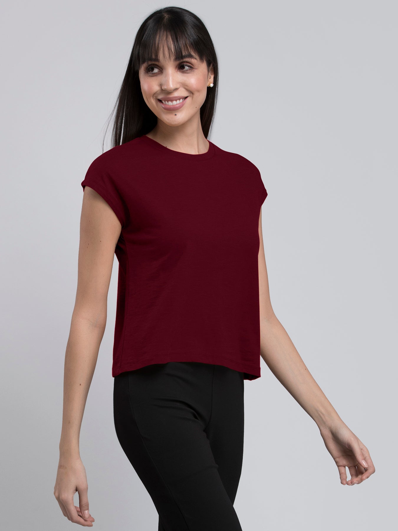 Cotton Drop Shoulder Knitted T Shirt - Maroon