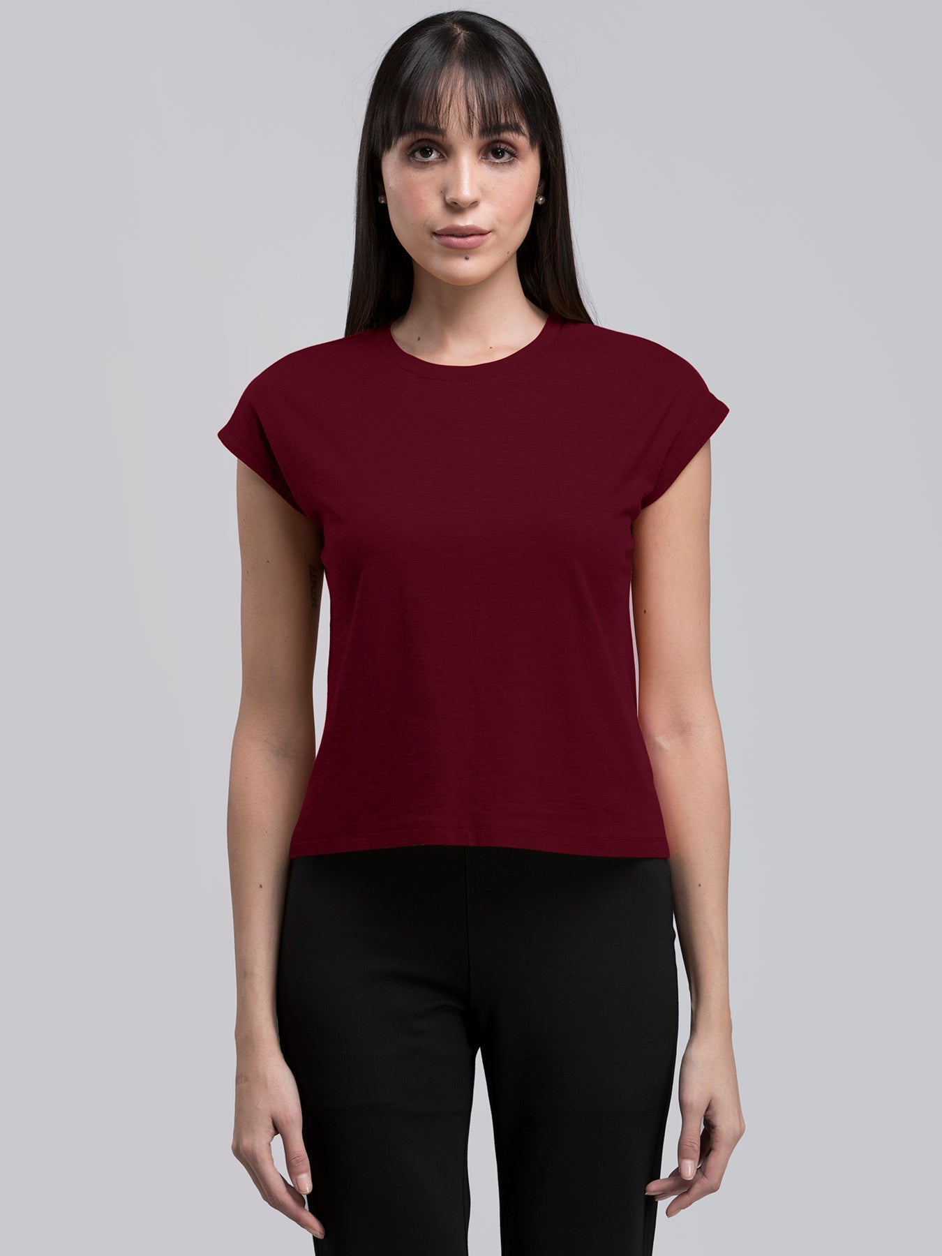 Cotton Drop Shoulder Knitted T Shirt - Maroon