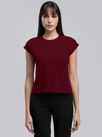 Cotton Drop Shoulder Knitted T Shirt - Maroon
