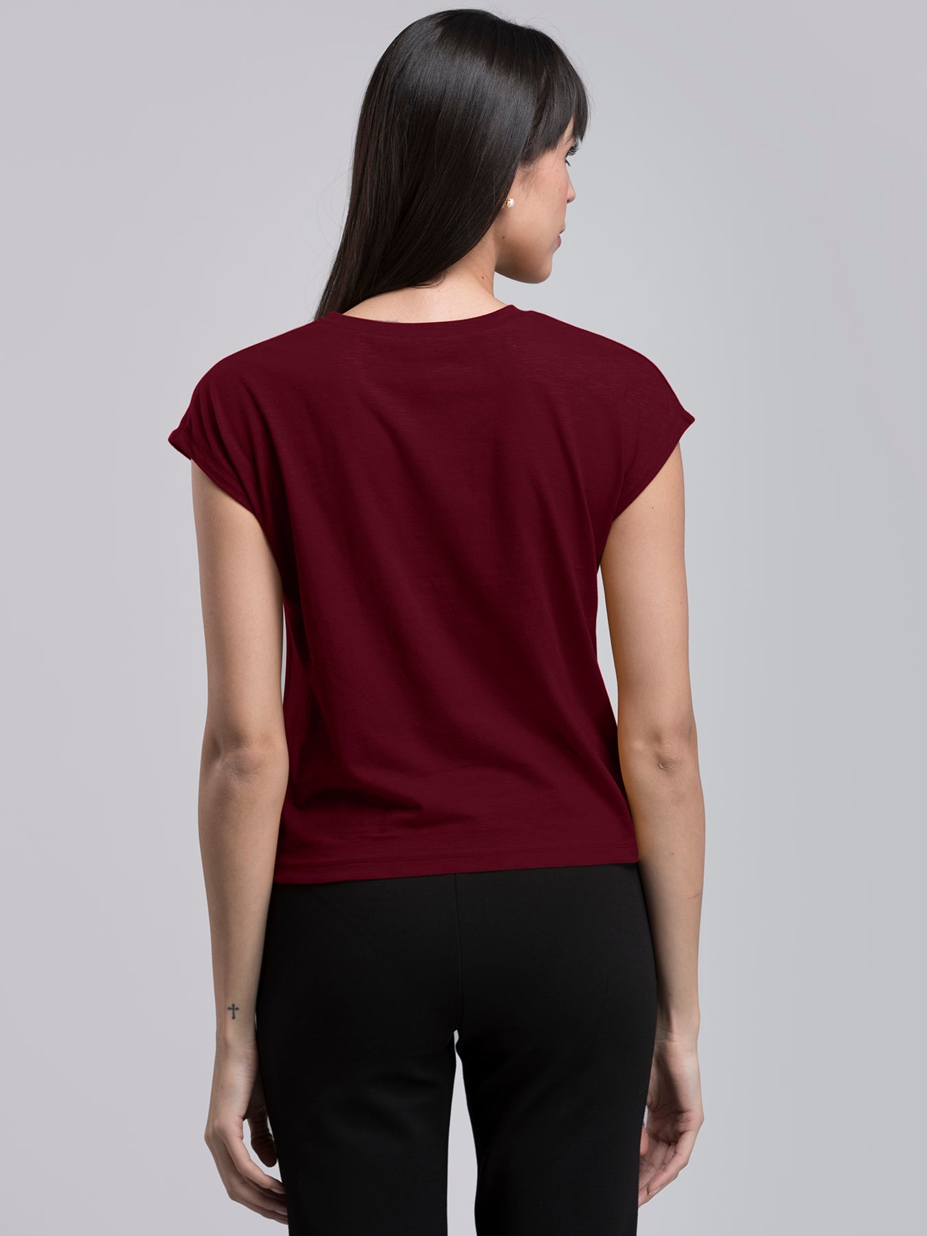 Cotton Drop Shoulder Knitted T Shirt - Maroon