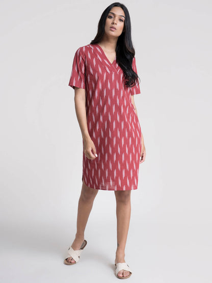Cotton Ikkat V Neck Shift Dress - Red