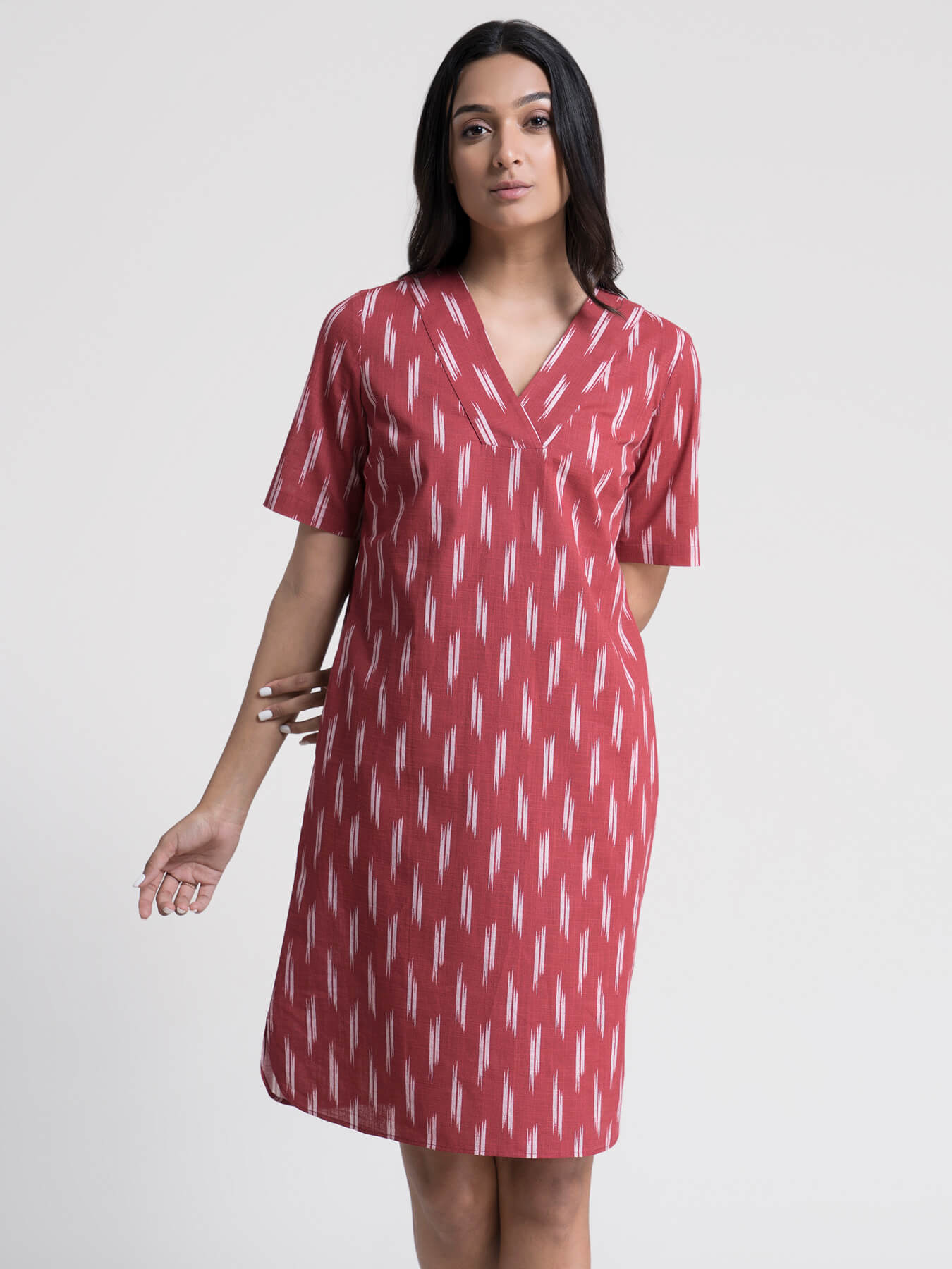 Cotton Ikkat V Neck Shift Dress - Red