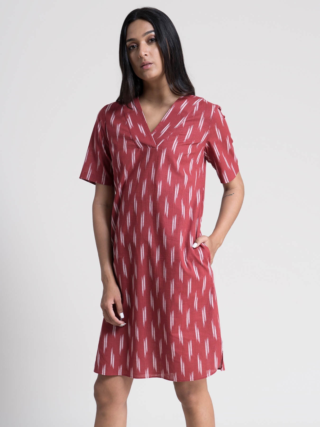 Cotton Ikkat V Neck Shift Dress - Red