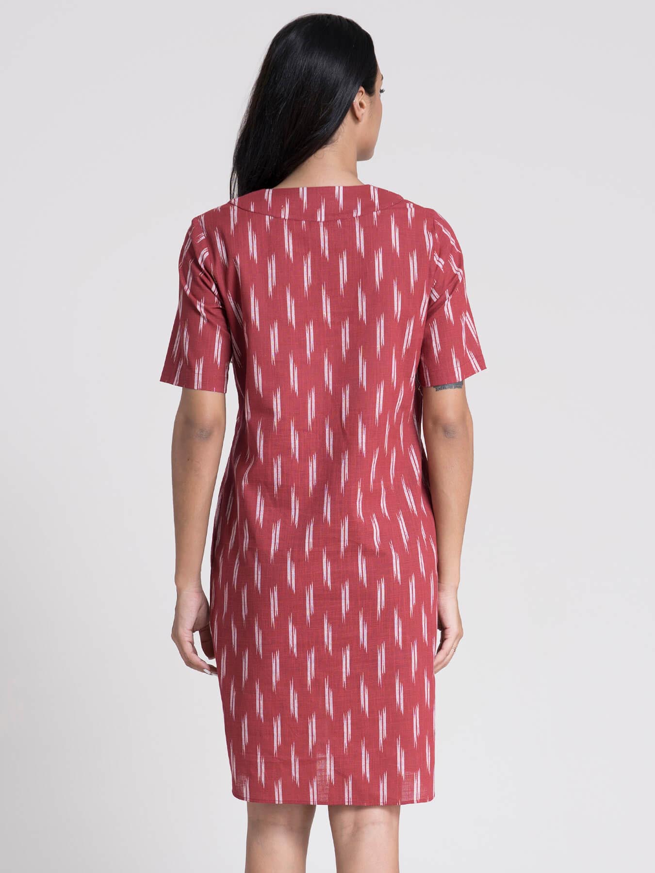 Cotton Ikkat V Neck Shift Dress - Red
