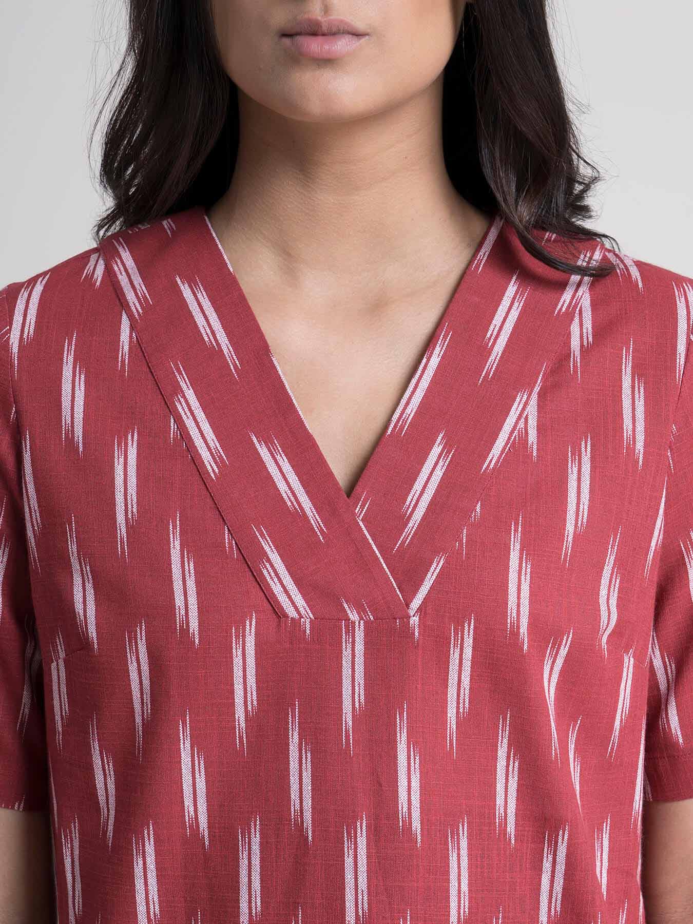 Cotton Ikkat V Neck Shift Dress - Red