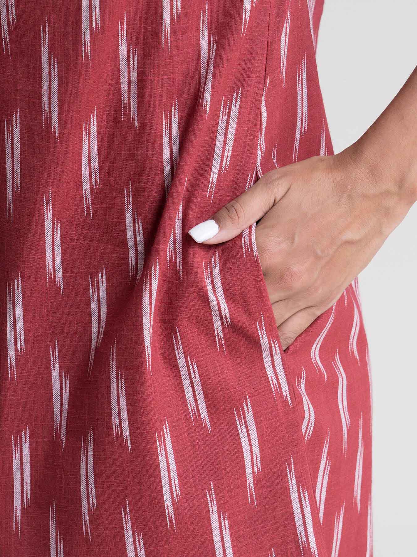 Cotton Ikkat V Neck Shift Dress - Red