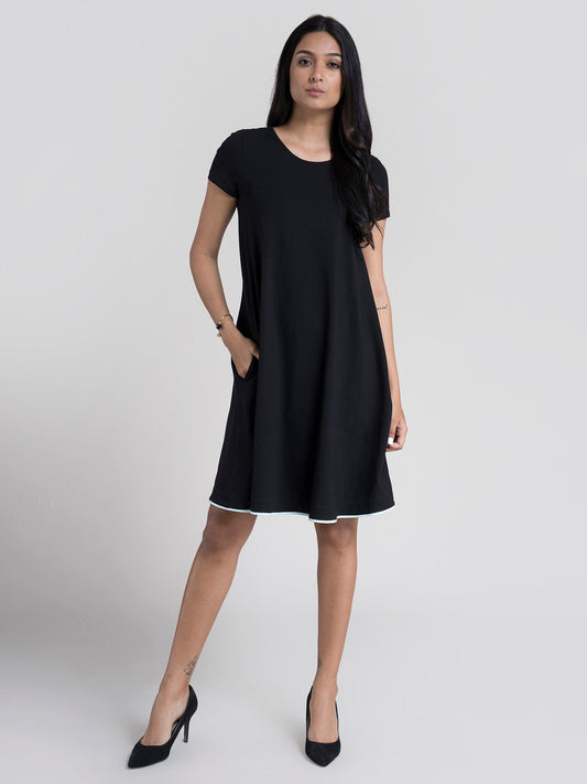 Cotton Knitted A Line Dress - Black