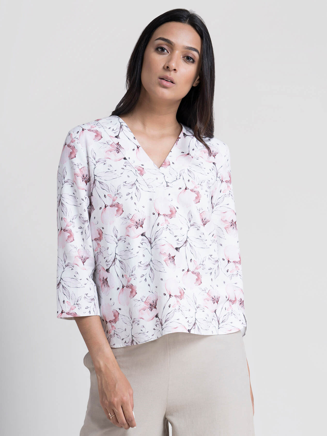 Cotton V Neck Floral Print Top - White and pink