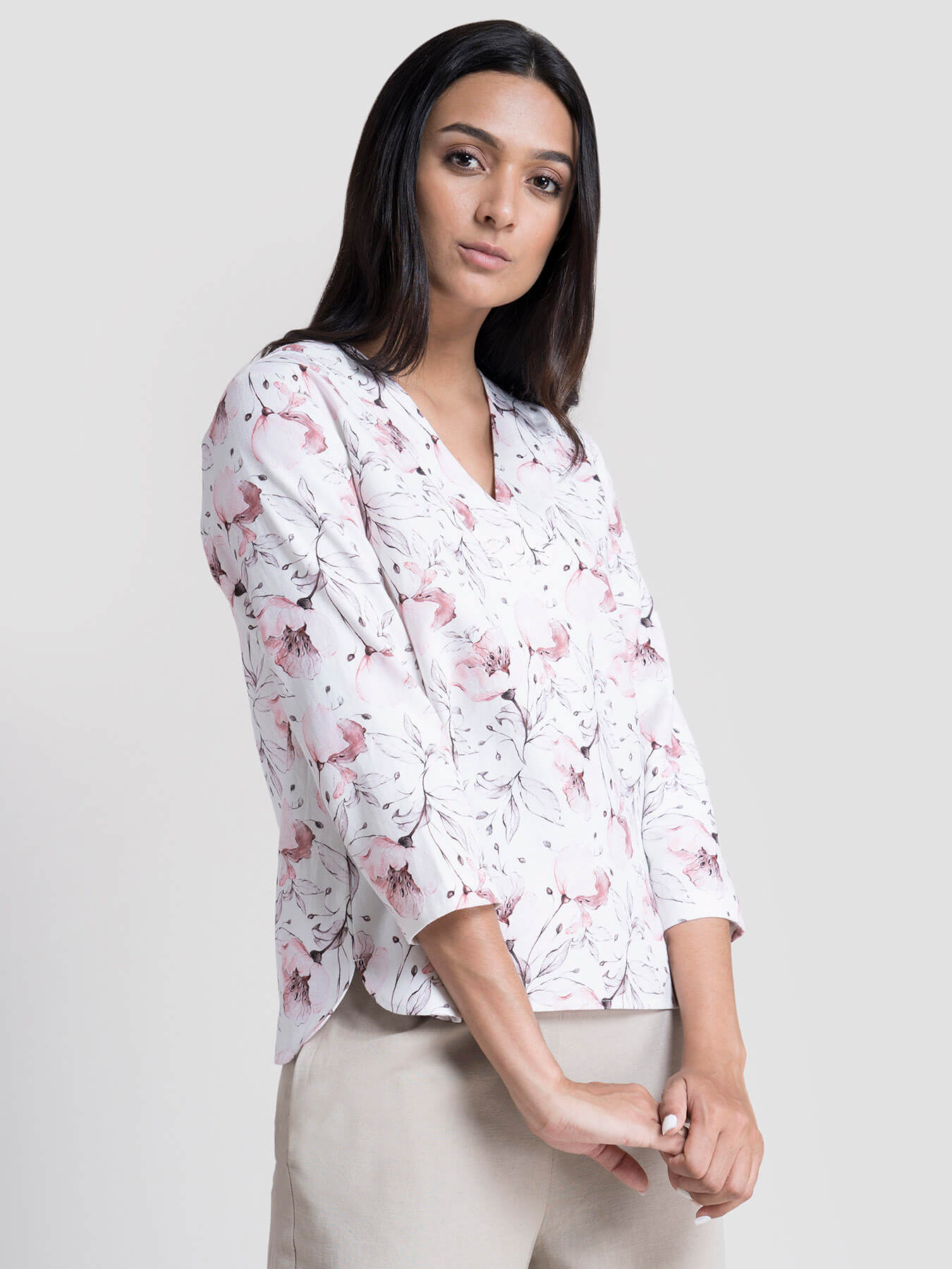 Cotton V Neck Floral Print Top - White and pink