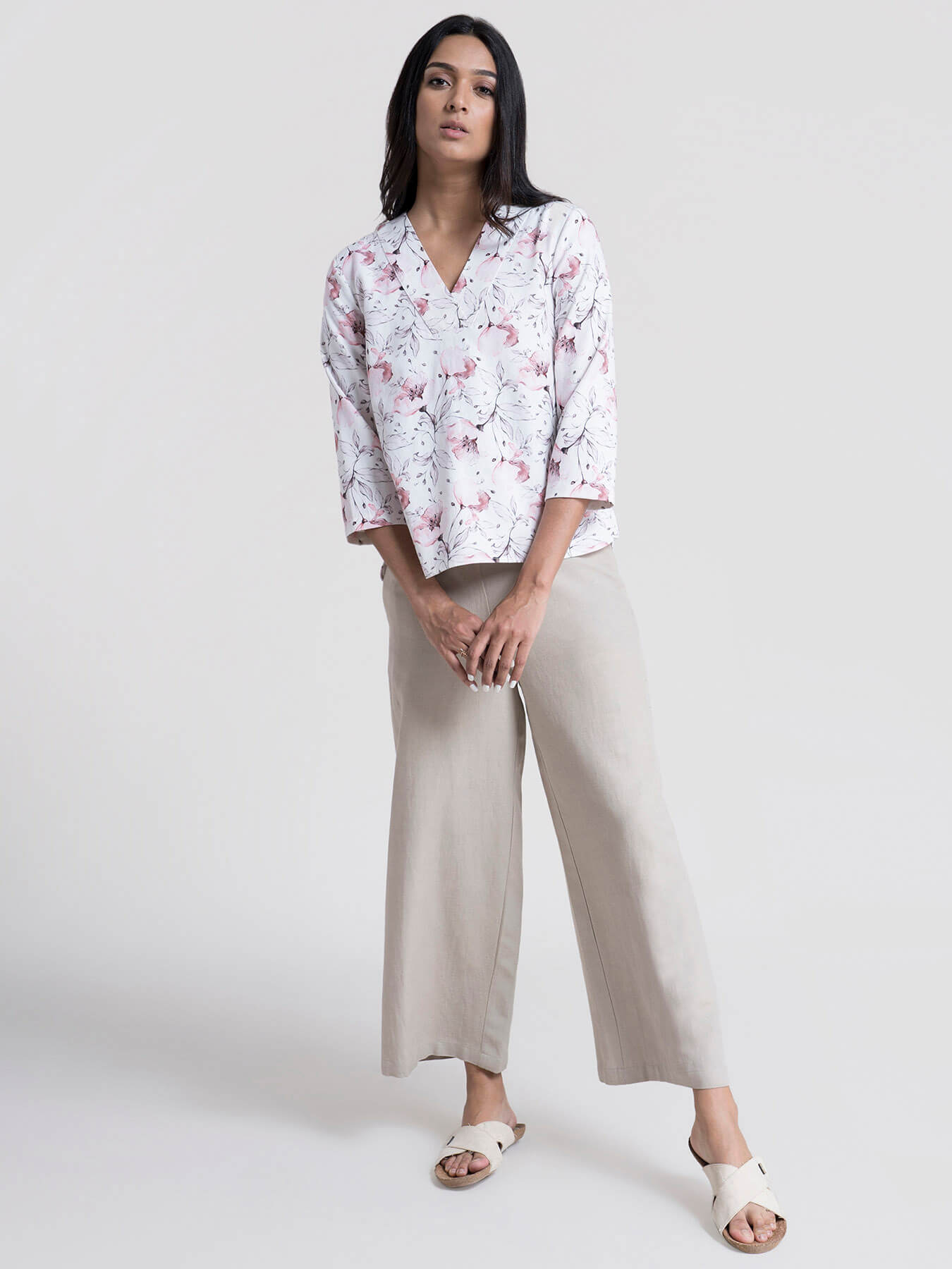 Cotton V Neck Floral Print Top - White and pink