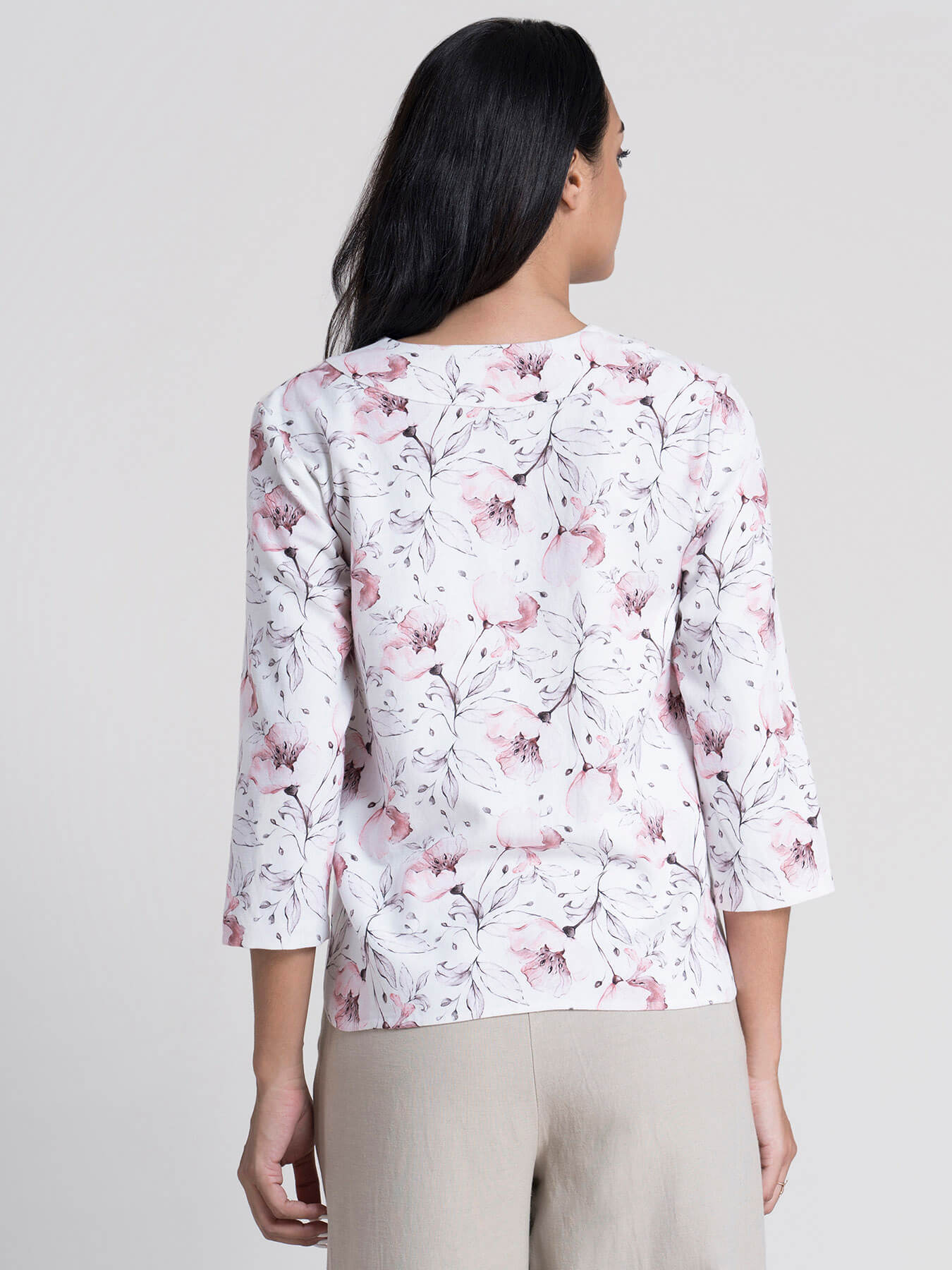 Cotton V Neck Floral Print Top - White and pink