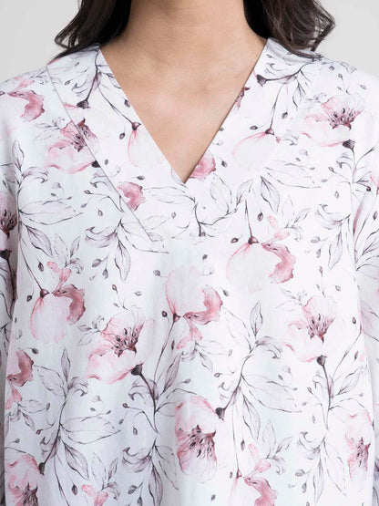 Cotton V Neck Floral Print Top - White and pink
