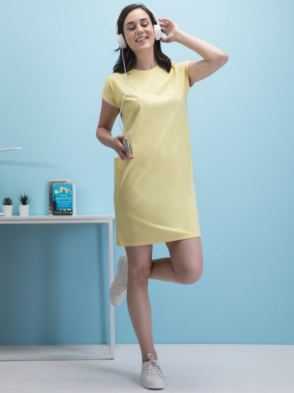 Cotton Round Neck Knitted Shift Dress - Yellow