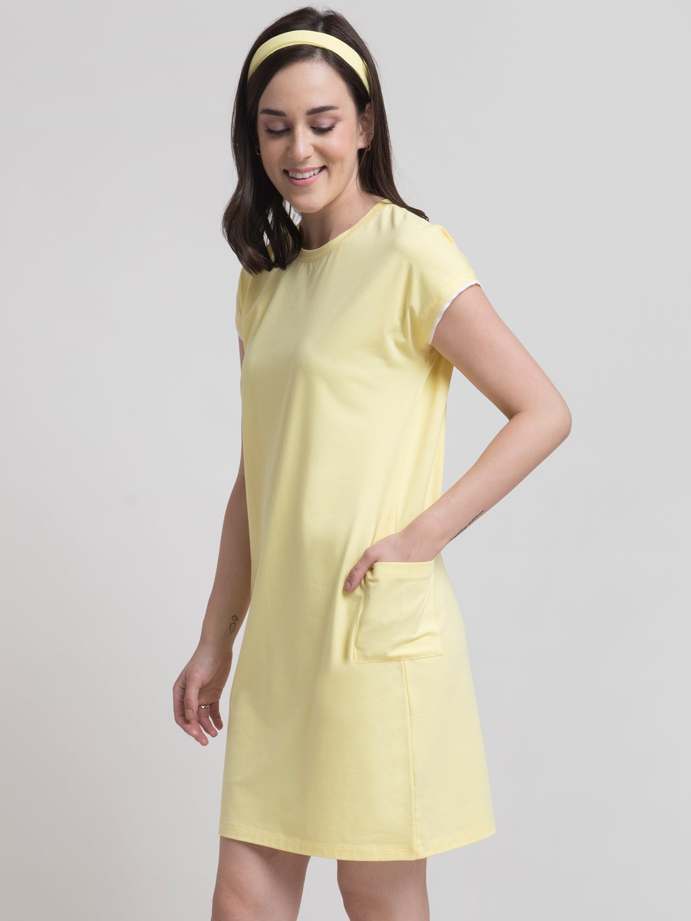 Cotton Round Neck Knitted Shift Dress - Yellow