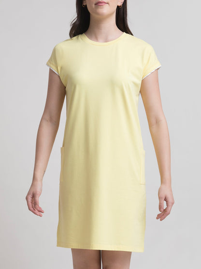 Cotton Round Neck Knitted Shift Dress - Yellow