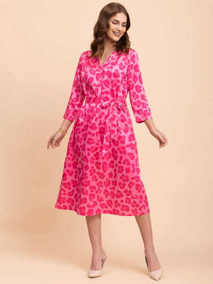 Satin Animal Print A-Line Dress - Fuchsia and Pink