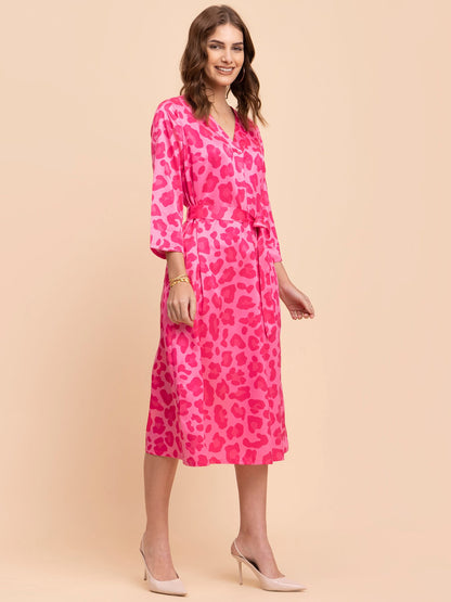 Satin Animal Print A-Line Dress - Fuchsia and Pink