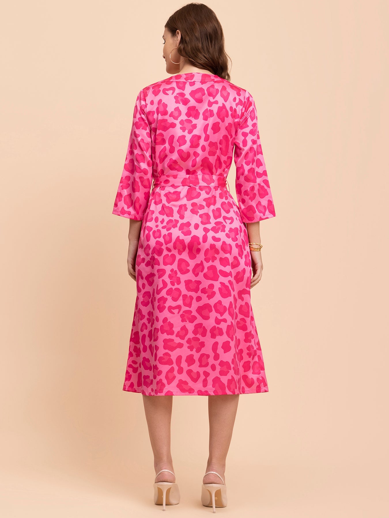 Satin Animal Print A-Line Dress - Fuchsia and Pink