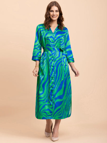 Satin Animal Print A-Line Dress - Royal Blue and Green