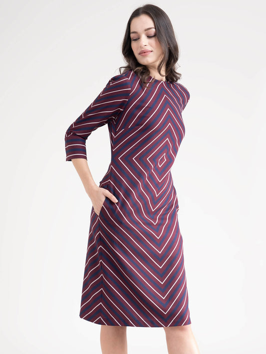 Geometric Stripes Shift Dress - Maroon And Navy Blue