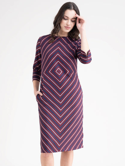 Geometric Stripes Shift Dress - Maroon And Navy Blue