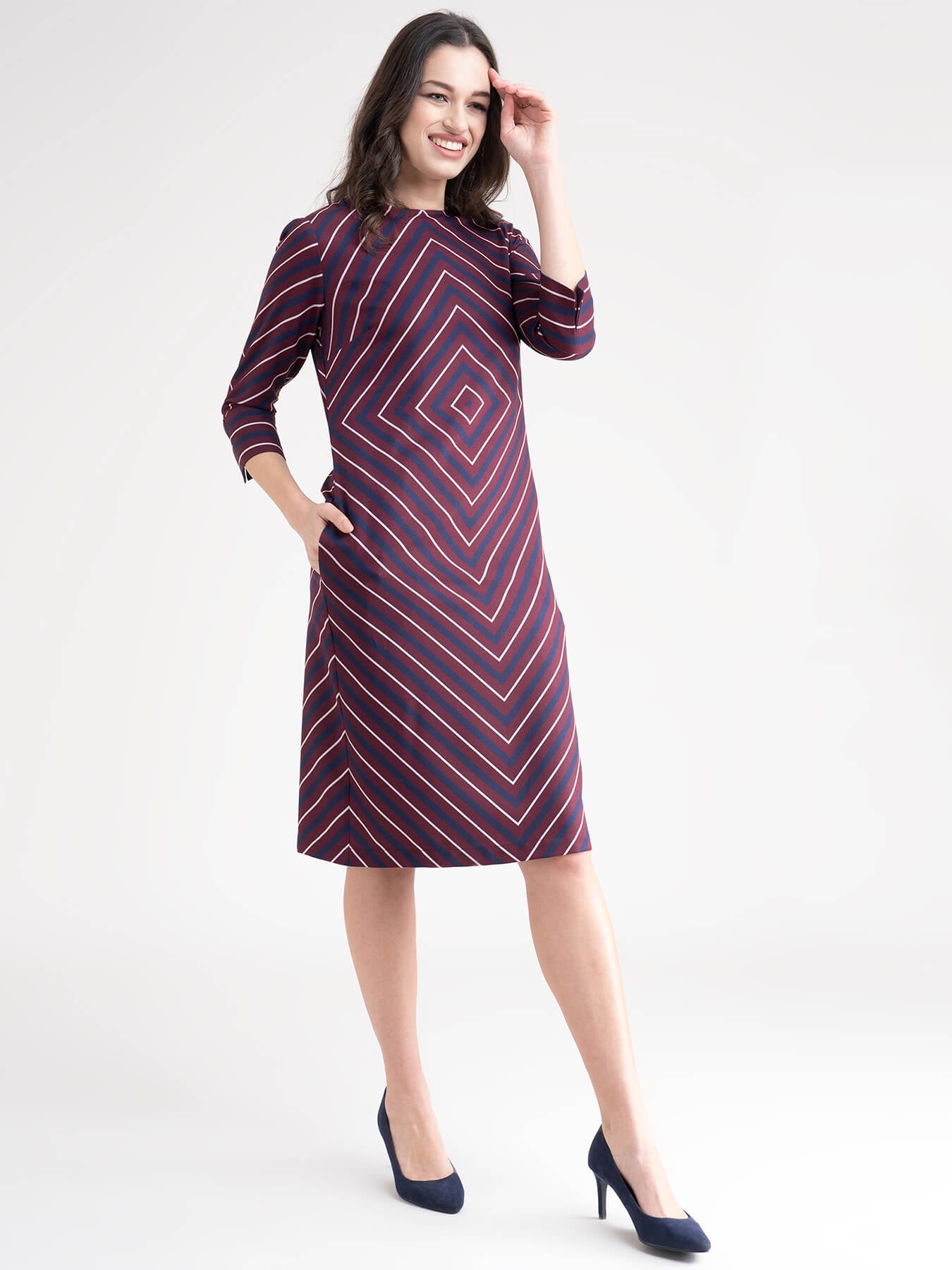 Geometric Stripes Shift Dress - Maroon And Navy Blue